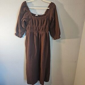Neuflora Hayden dress lrg brown cottagecore prairie midi 100%cotton pockets